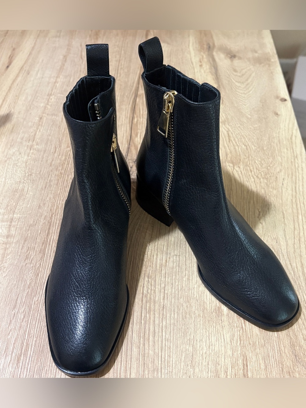 Tamara Mellon Black Leather Ankle Booties with Gold Zippers